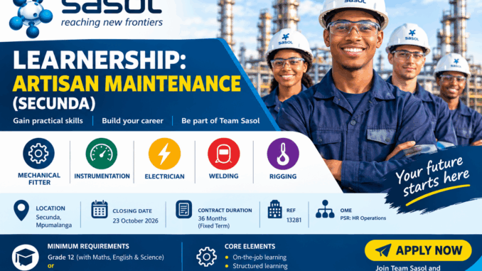 Sasol Learnership: Artisan Maintenance 2026